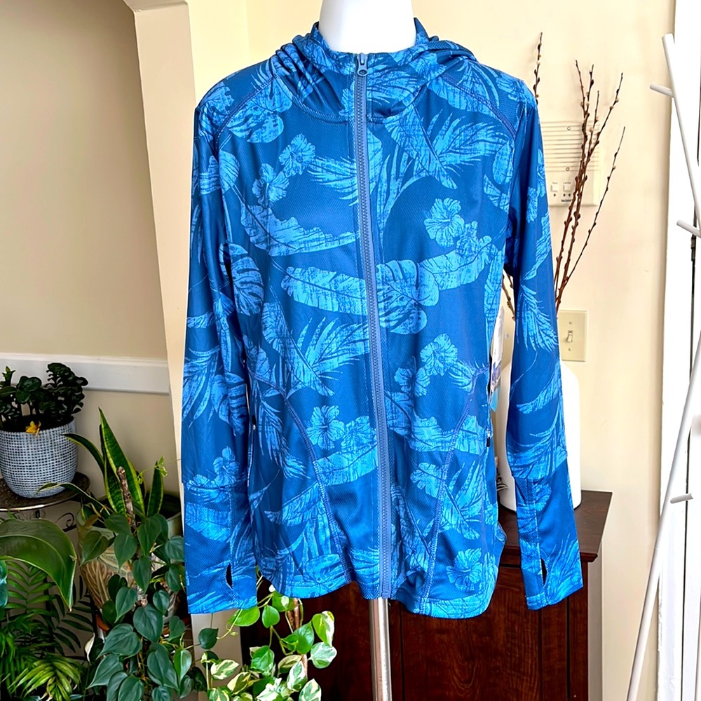 💙 Mountain & Isles Periwinkle Palm Floral UV Zip Front Hooded Jacket-L-NWT